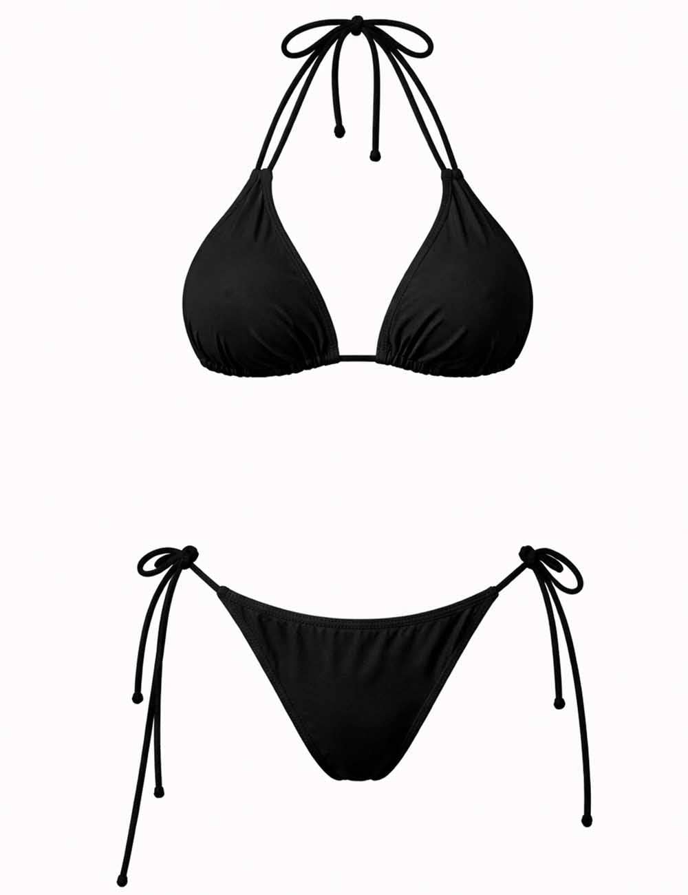 Ladies Solid Color Halter Swimwear Triangle Bikini Set